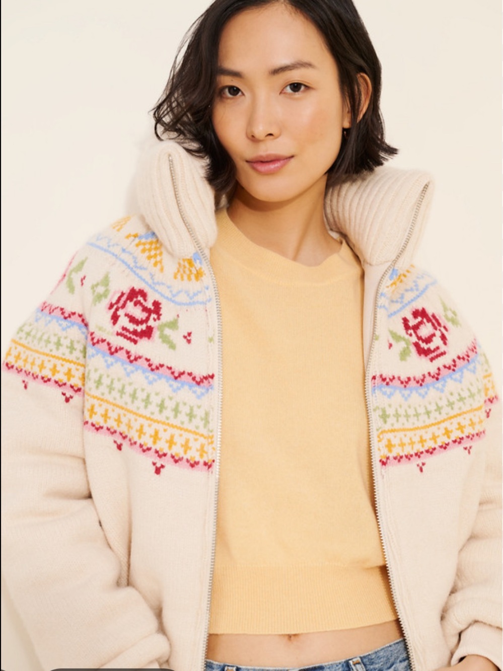 Anthropologie Cream Sweater Jacket with Multicolor Fair Isle Yoke